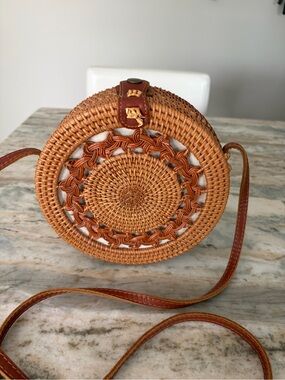 Woven Round Rattan Crossbody Bag in Light Brown
